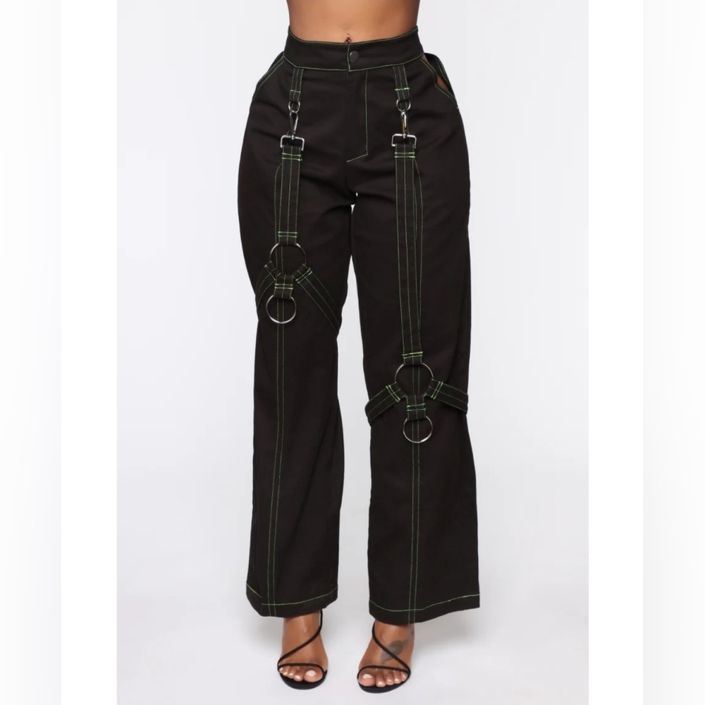 Fashion Nova On Lock Down Goth - Punk Wide Leg Pants - Black/Green Stitching - S